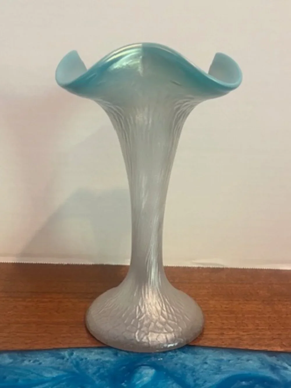 Kralik Martele Blue Ruffle Edge Iridescent Vase Bohemian Art Glass Vintage